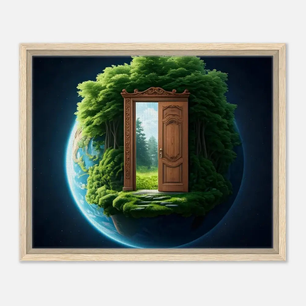 Framed artwork of a door to nature on a planet in the PixiOnyx Celestial Grove display
