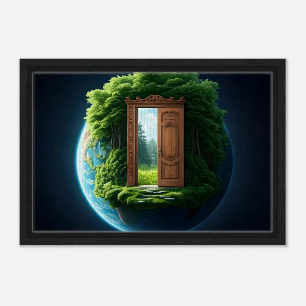 Framed Earth with doorway to lush nature scene on PixiOnyx Celestial Grove Canvas