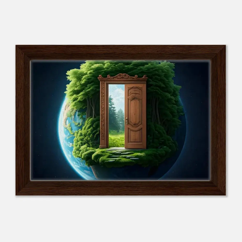 Framed Earth door opening to lush celestial grove on PixiOnyx Canvas