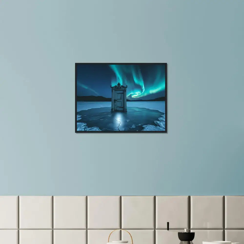 Framed aurora borealis outhouse art print showcasing Northern Lights display