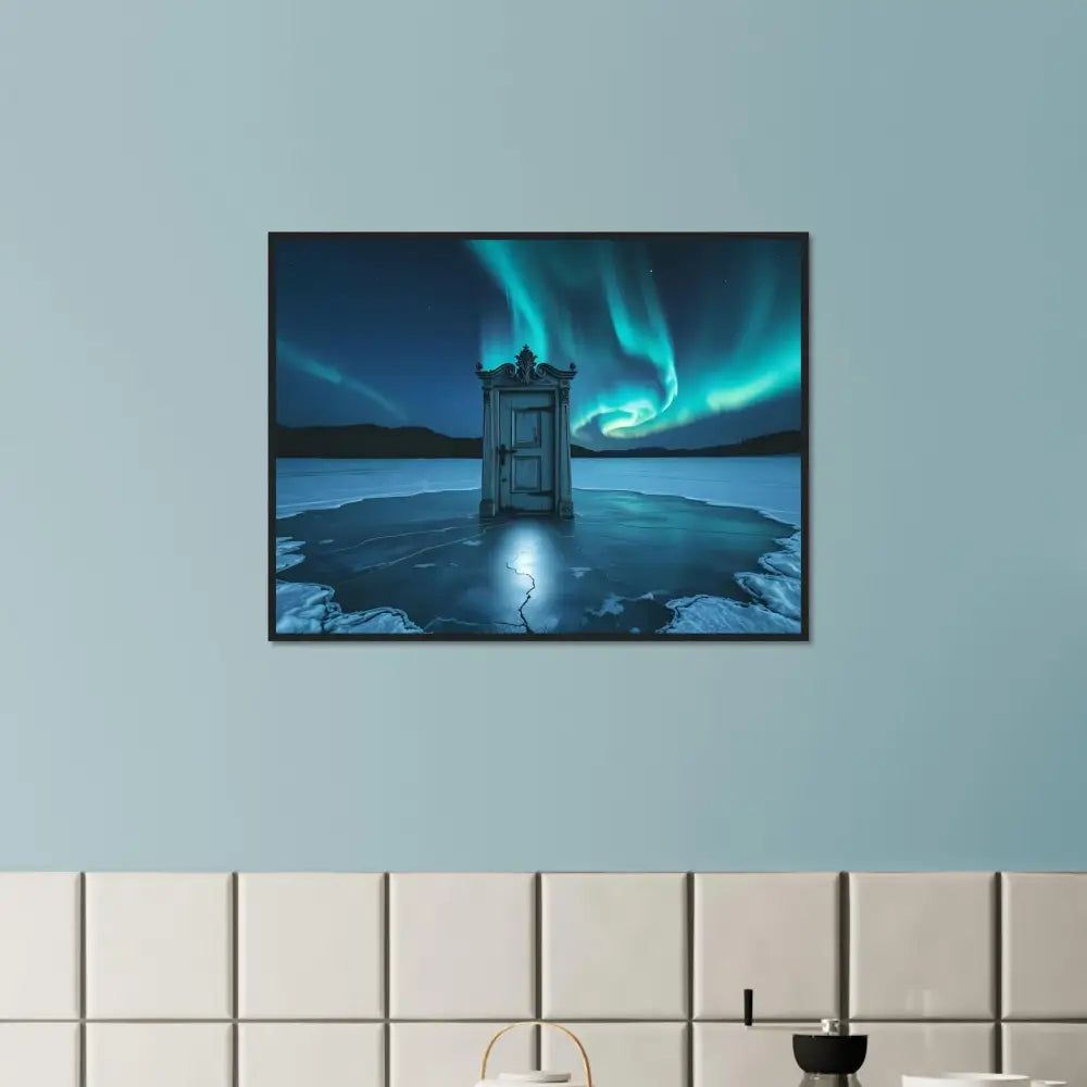Framed Aurora Borealis door art displayed on PixiOnyx Aurora Framed Print