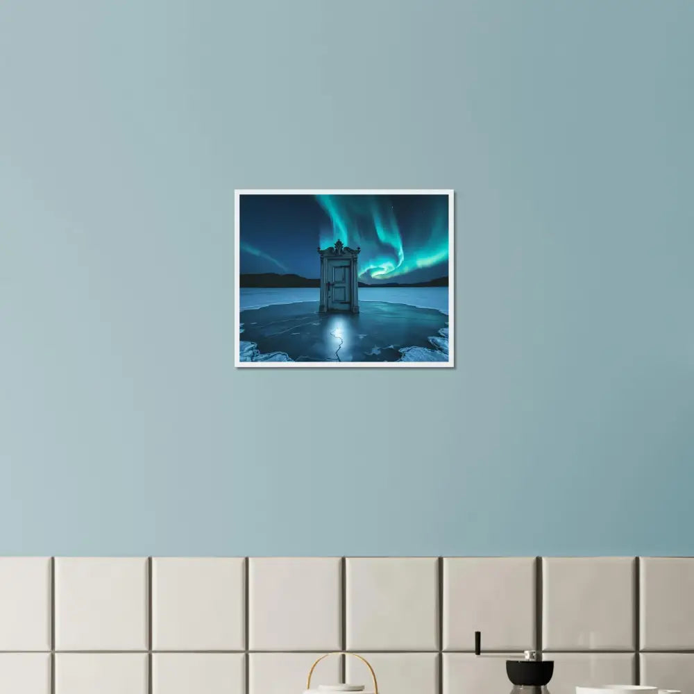 Framed Aurora Borealis landscape artwork in PixiOnyx Aurora Framed Print display