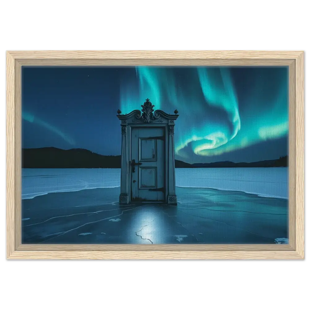 Framed surreal painting titled Threshold Beneath Lights on PixiOnyx Polar Portal Display