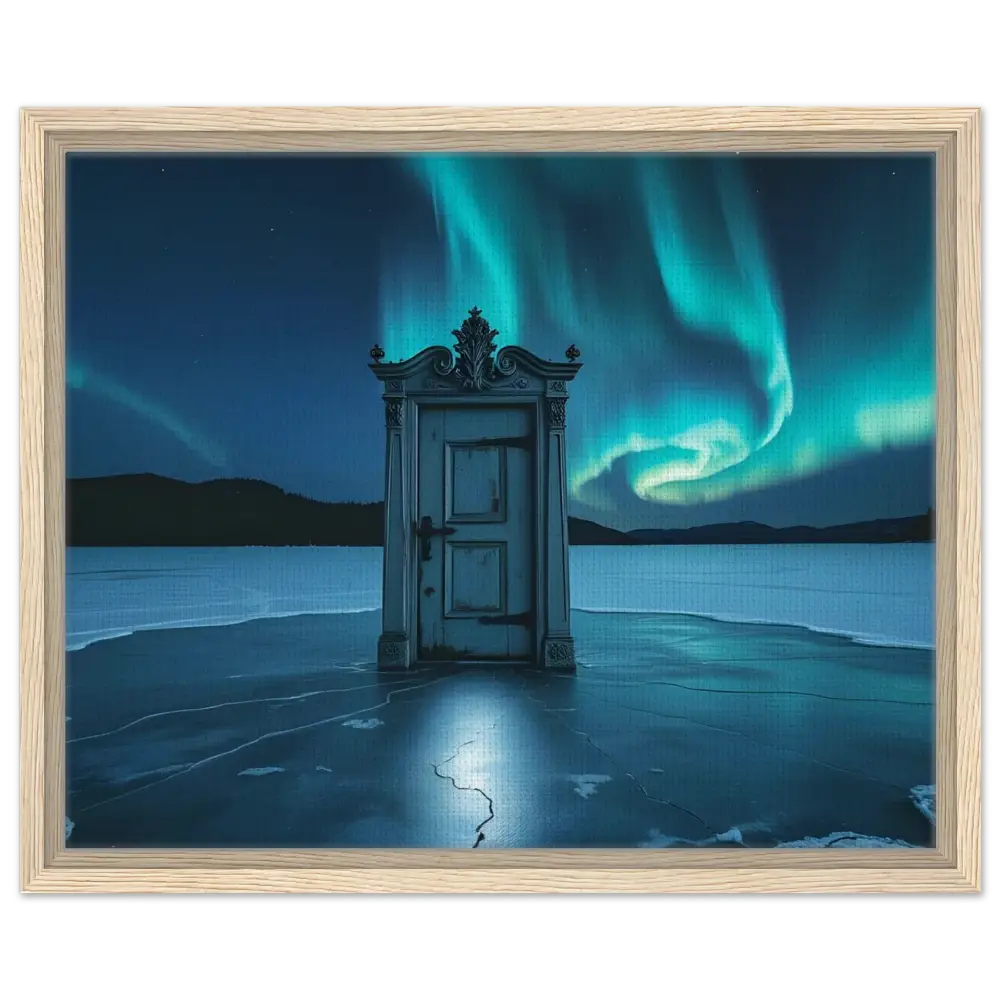Ornate door on frozen lake framed in PixiOnyx Polar Portal Canvas display