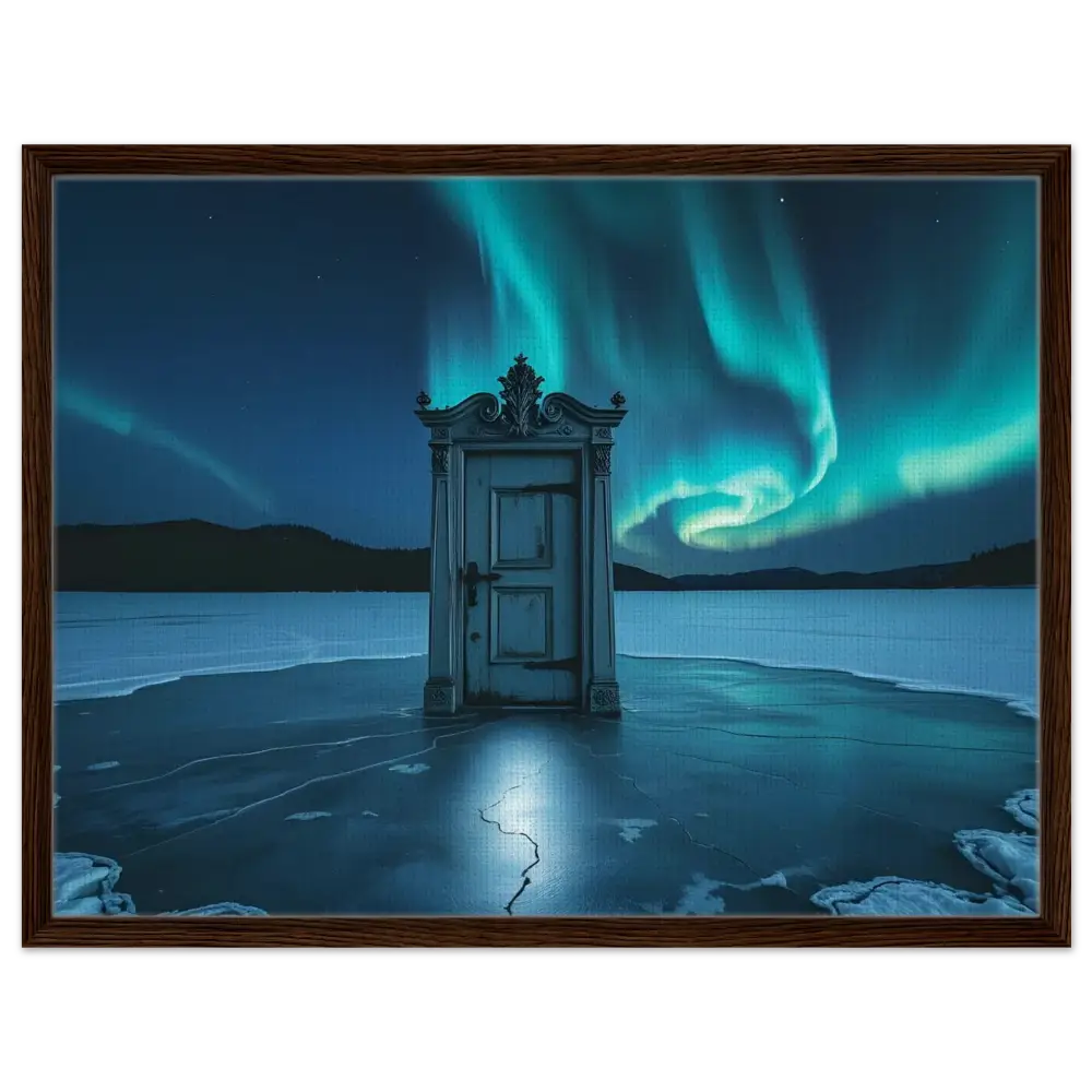Ornate door on frozen lake displayed in PixiOnyx Polar Portal Framed Dooraura Canvas