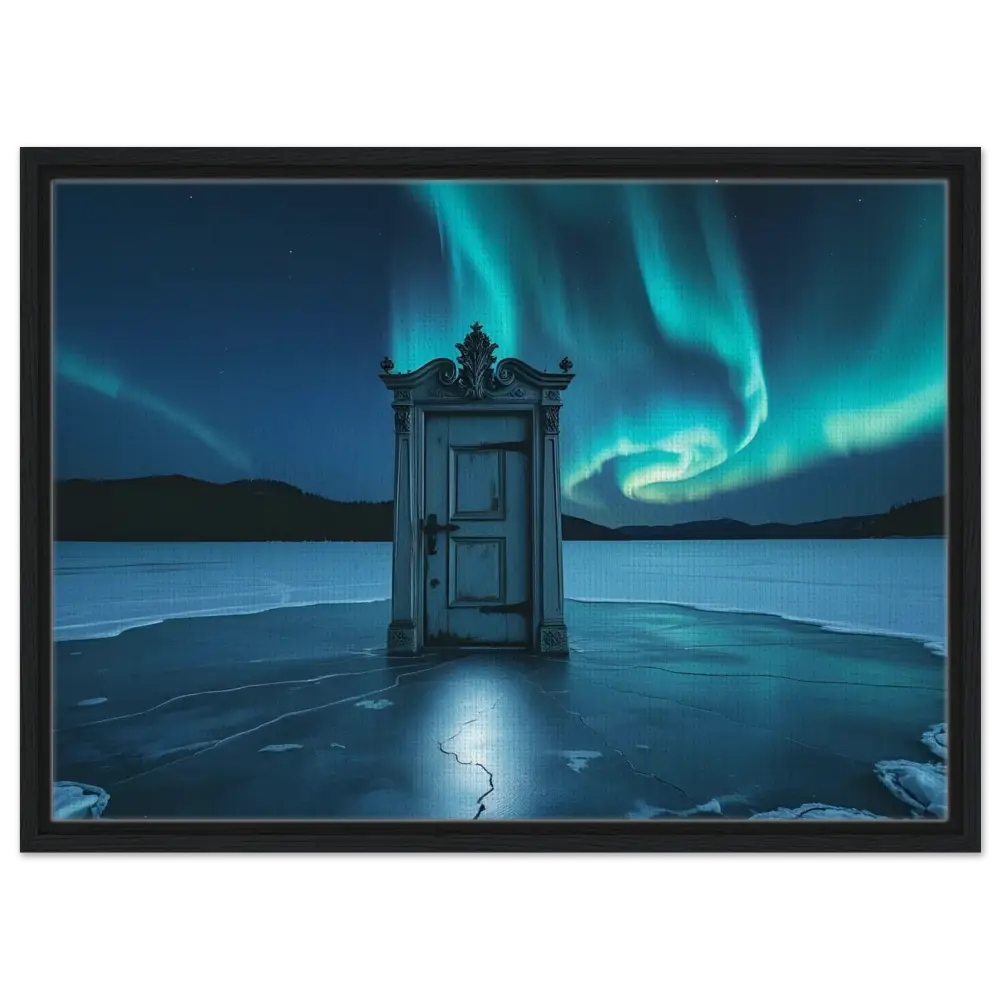 Ornate door on frozen lake displayed on PixiOnyx Polar Portal Canvas art