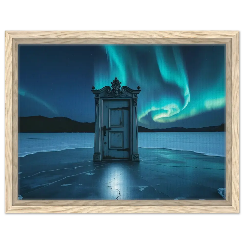 Framed surreal door under Aurora Borealis in PixiOnyx Polar Portal Display