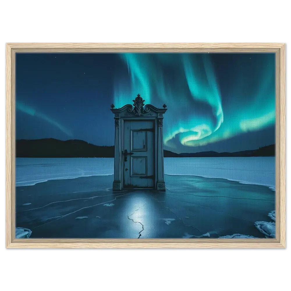 Framed surreal Aurora door canvas artwork displayed in PixiOnyx Polar Portal display