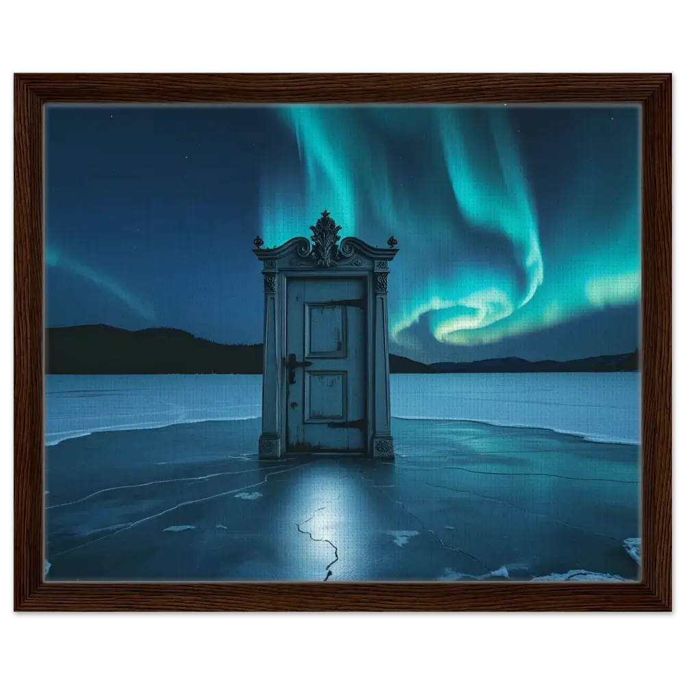 Framed door under Aurora Borealis captured on PixiOnyx Polar Portal Canvas