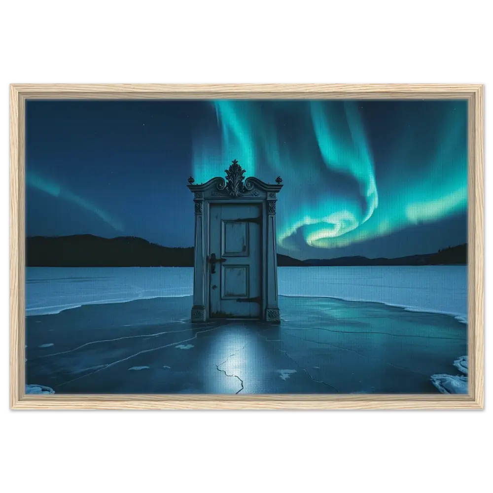 Ornate door on frozen lake displayed on PixiOnyx Polar Portal Framed Dooraura Canvas