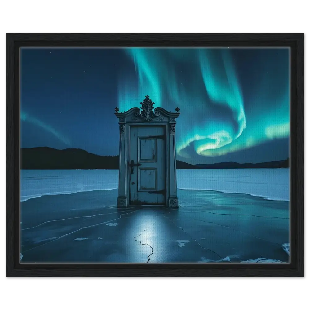 Ornate door on frozen lake displayed on PixiOnyx Polar Portal Canvas with lights