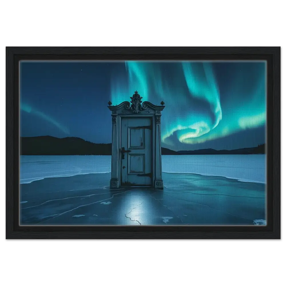 Ornate door beneath colorful Aurora Borealis in Polar Portal Canvas artwork