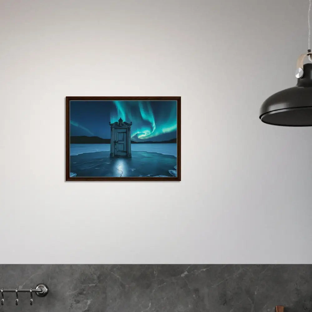 Framed Aurora Borealis scene on PixiOnyx Polar Portal Display for stunning wall art