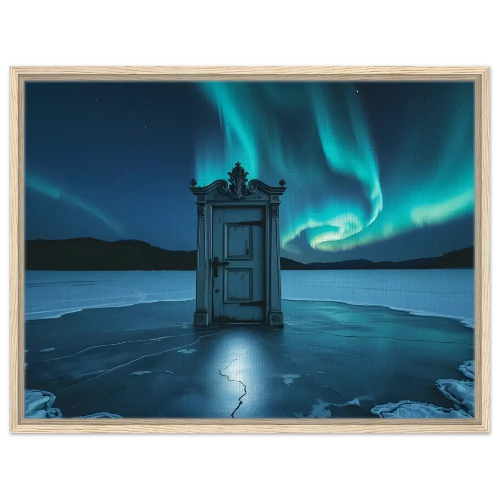 Framed surreal door artwork under Aurora Borealis for PixiOnyx Polar Portal Display