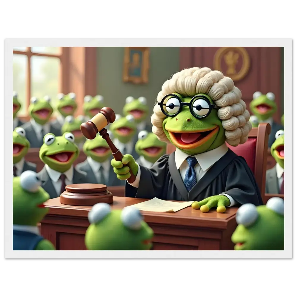Kermit the Frog judge in framed amphibian courtroom art display