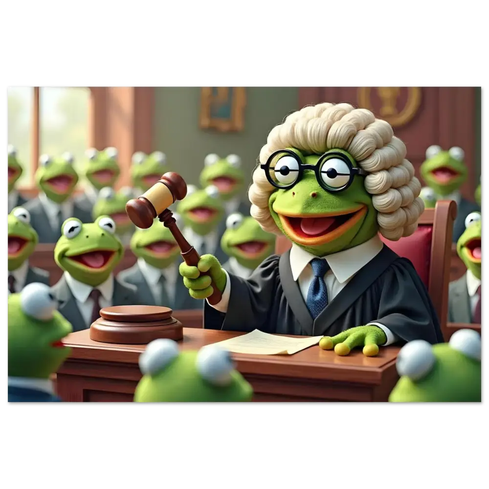 Framed Frog Court Art featuring a frog judge with gavel for whimsical legal decor