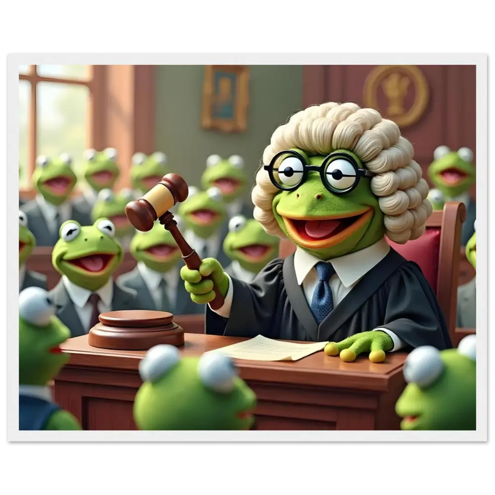 Frog judge with gavel in Framed Frog Court Art from PixiOnyx Absurdist Display