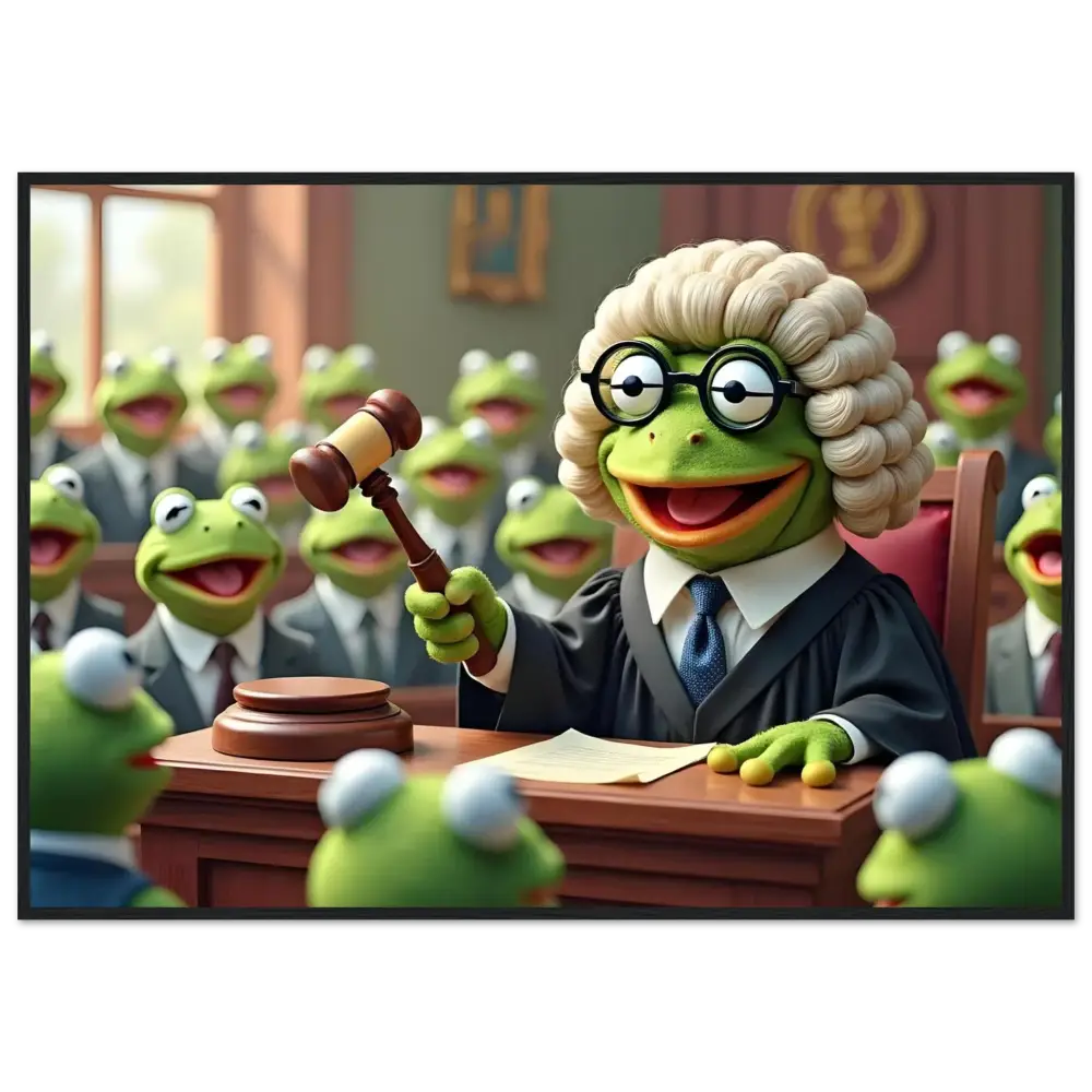 Frog judge with gavel in framed amphibian court art for PixiOnyx display