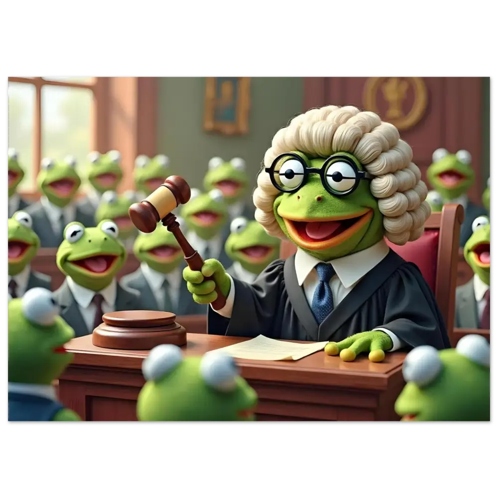 Frog judge with gavel in framed amphibian courtroom art from PixiOnyx Absurdist Display