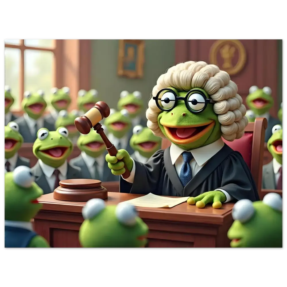 Frog judge with gavel in framed amphibian court art for display and decor