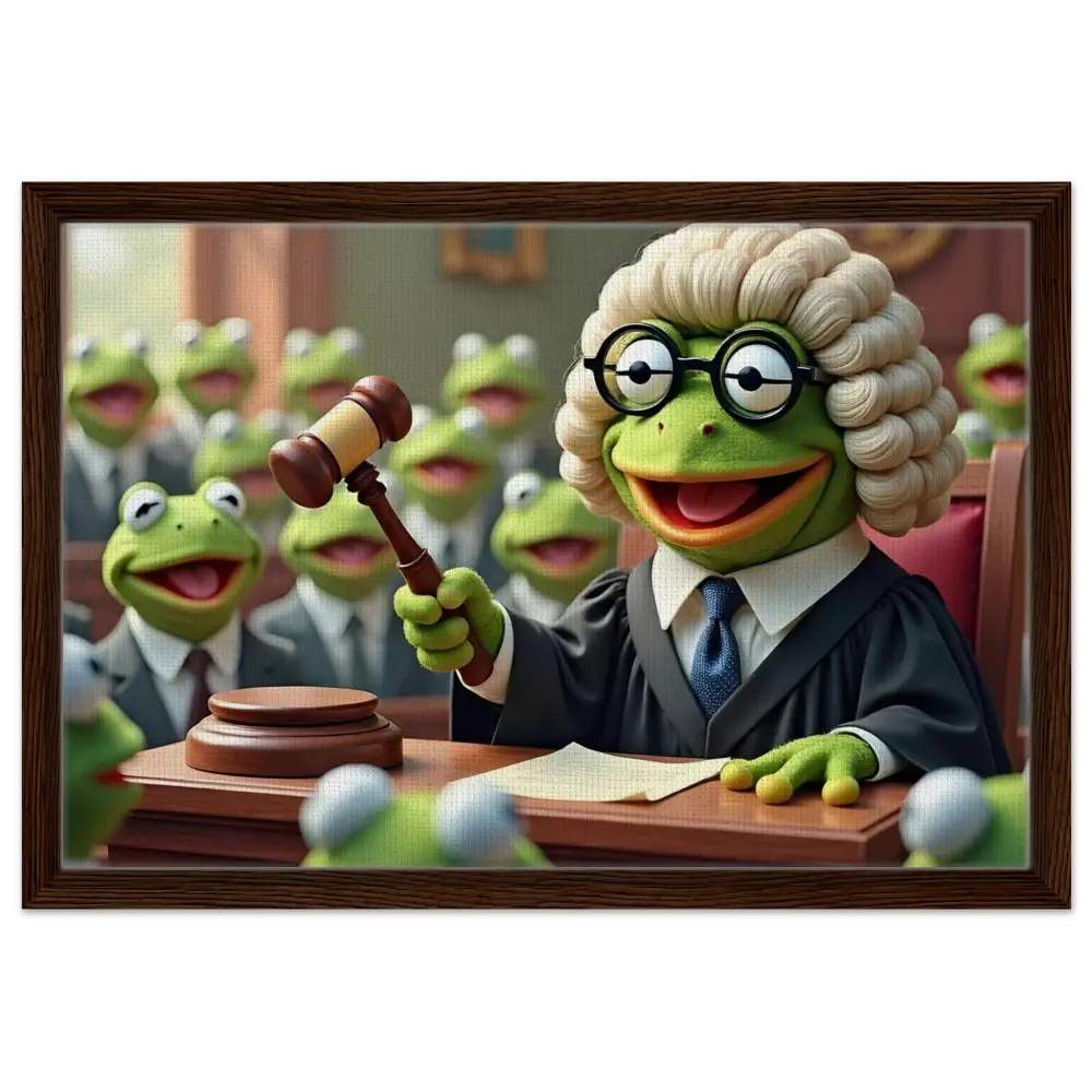 Kermit the Frog judge on framed trial-themed canvas wall art by PixiOnyx