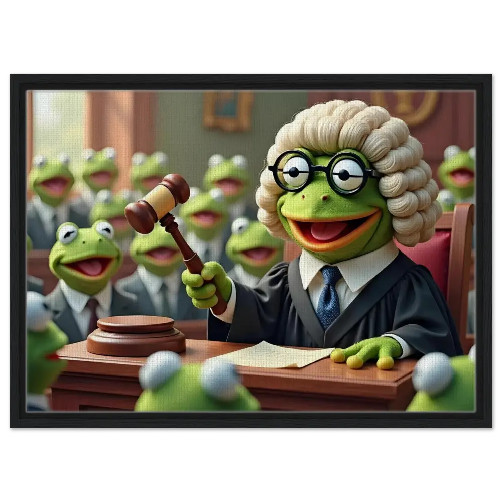 Frog judge holding gavel on Framed Frog Court Canvas Wall Art by PixiOnyx