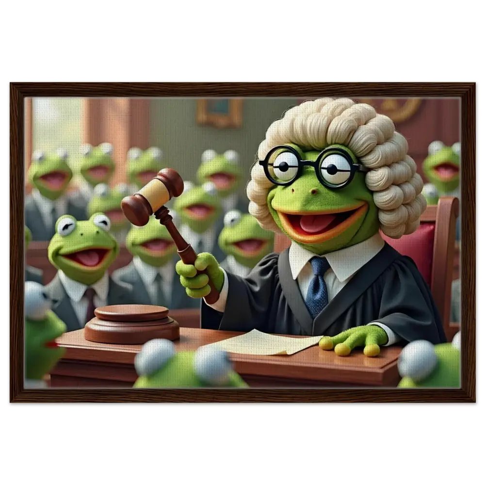 Framed Kermit the Frog judge wall art from PixiOnyx Frog Court Canvas collection