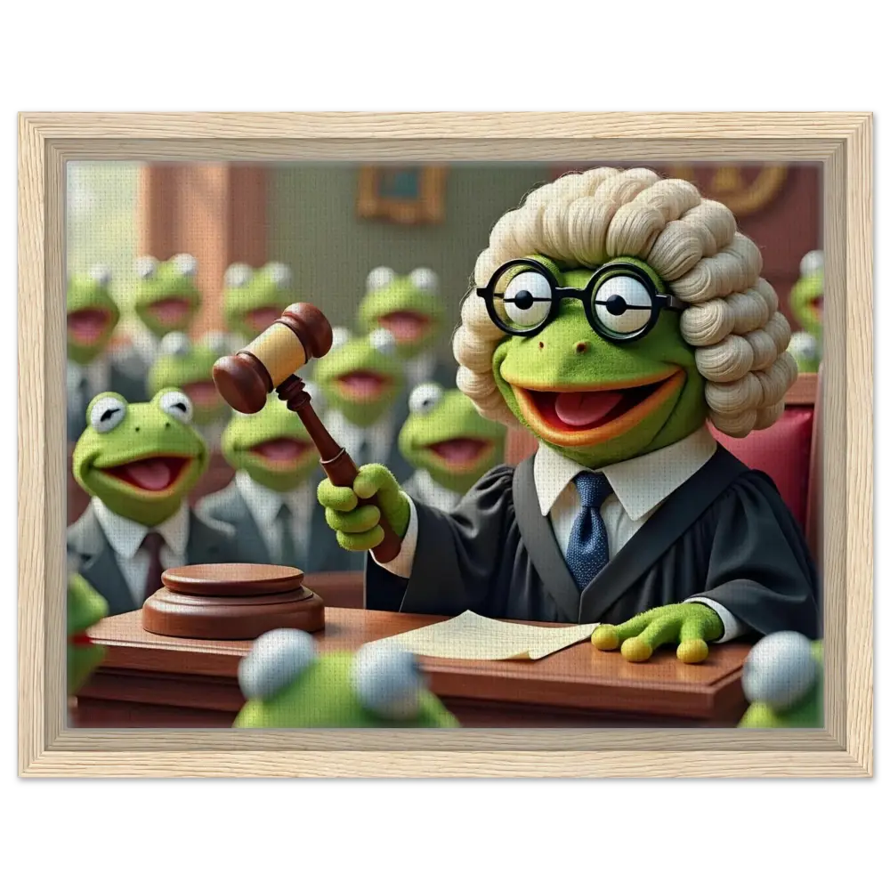 Framed Kermit the Frog courtroom scene artwork for PixiOnyx Witty Wall Feature