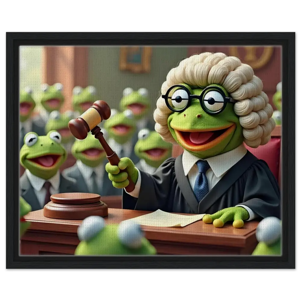 Framed Frog Court Canvas featuring a frog judge with gavel for witty wall decor