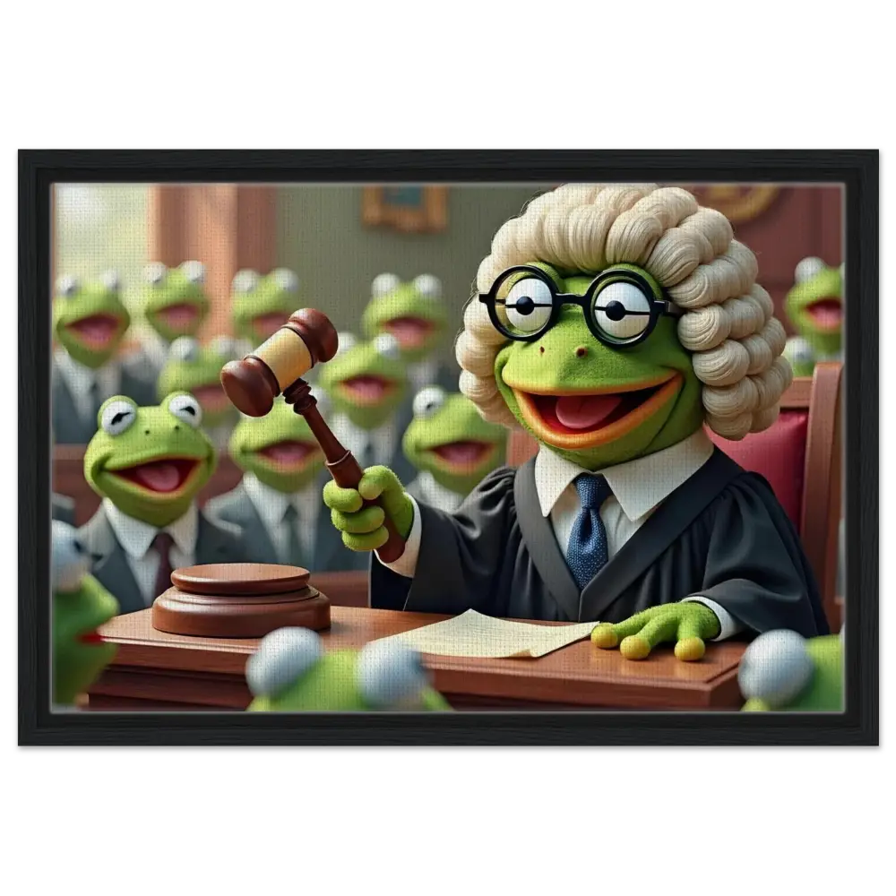 Kermit the Frog dressed as a judge in a framed canvas for Framed Frog Court Wall Art