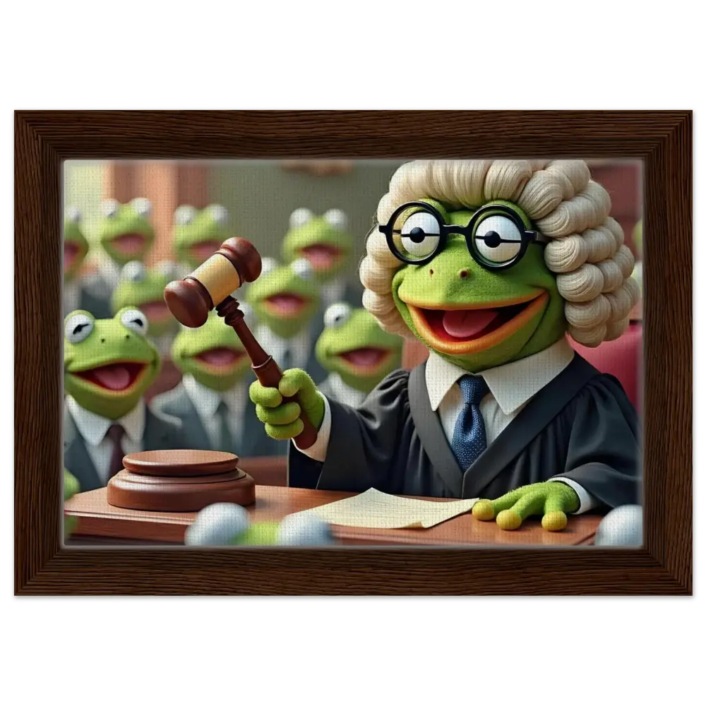 Framed Frog Judge canvas art from PixiOnyx Witty Wall Feature display