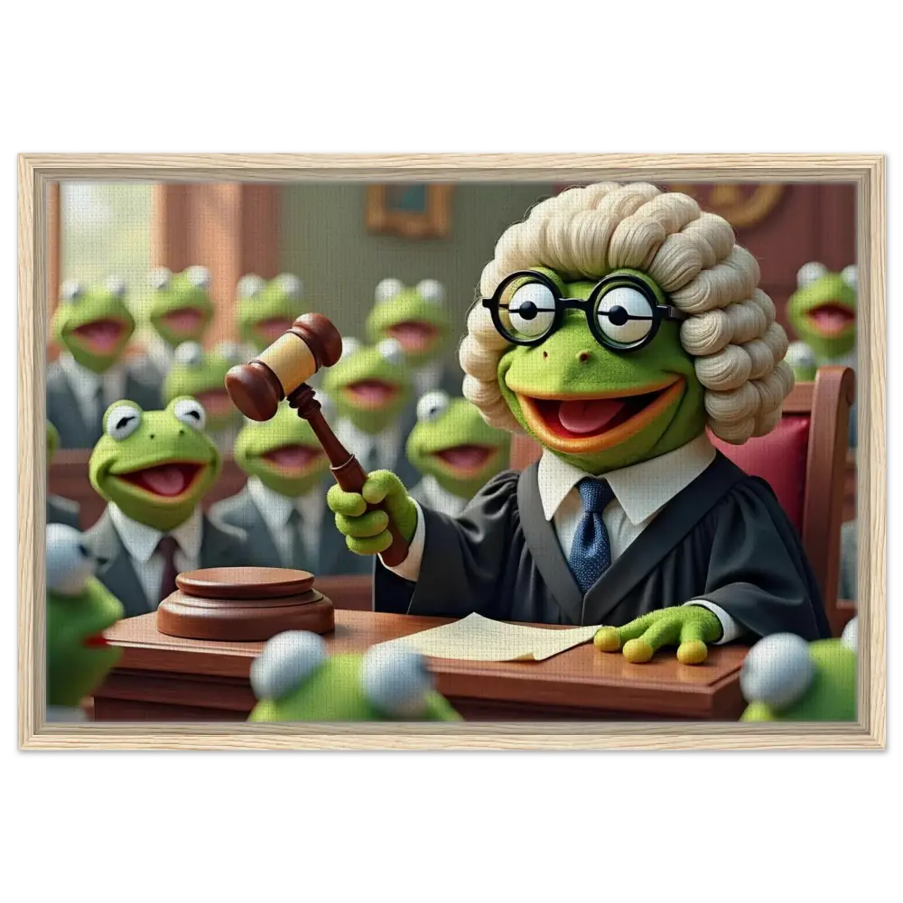 Frog judge with gavel on framed canvas wall art titled Trial of the Amphibians