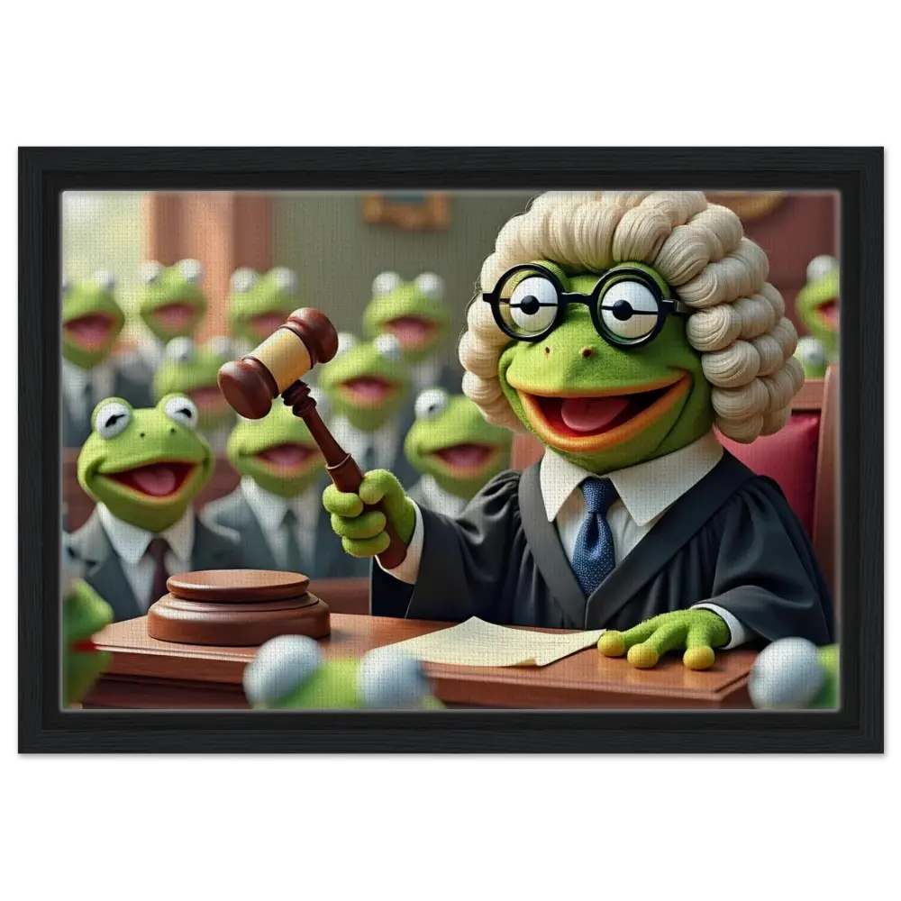 Frog judge with gavel displayed on Framed Frog Court Canvas wall art