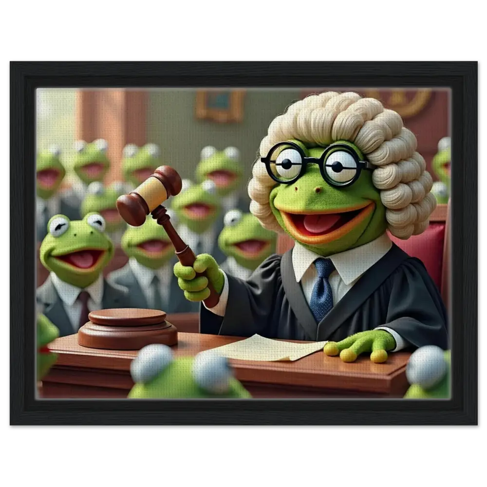 Frog judge with gavel on framed canvas art titled Trial of the Amphibians by PixiOnyx