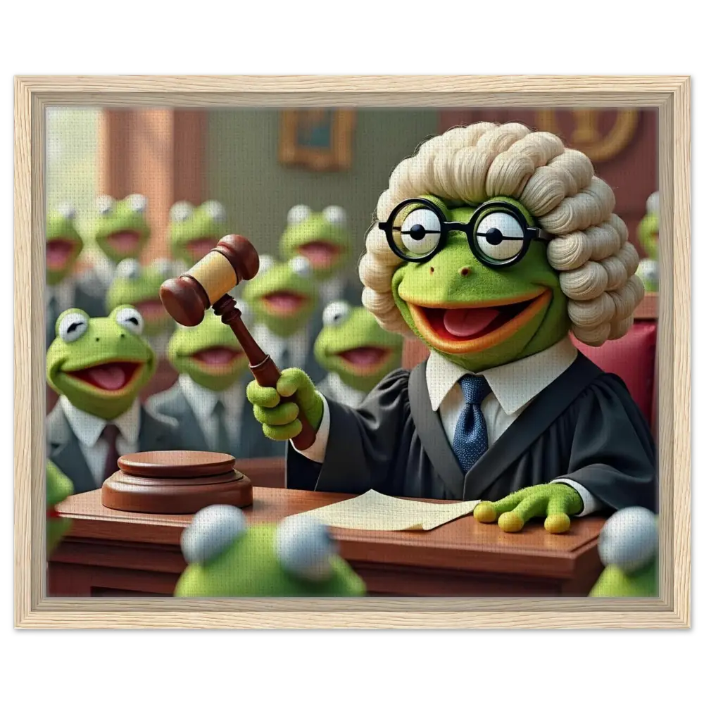 Kermit the Frog as a judge on the Framed Frog Court Canvas Wall Art by PixiOnyx
