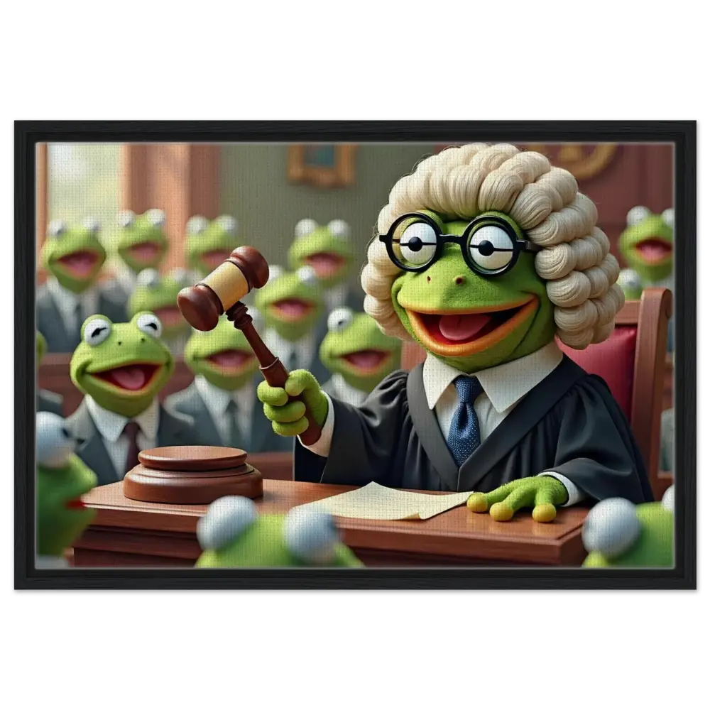 Frog judge with gavel artwork for Framed Frog Court Canvas Wall Art