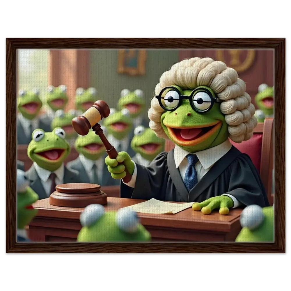 Kermit the Frog judging in a whimsical courtroom scene on Framed Frog Court Canvas