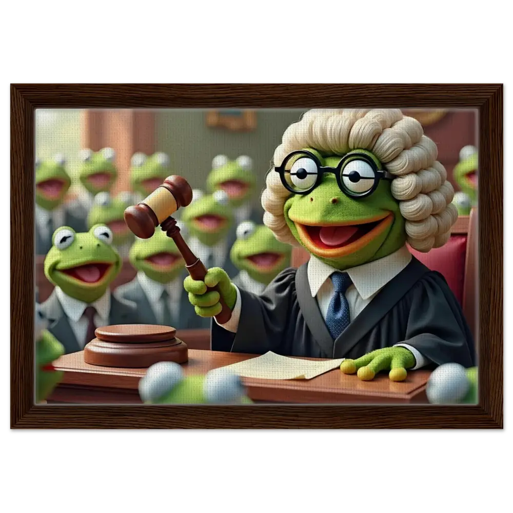 Framed Kermit the Frog courtroom scene wall art from PixiOnyx Frog Court Canvas