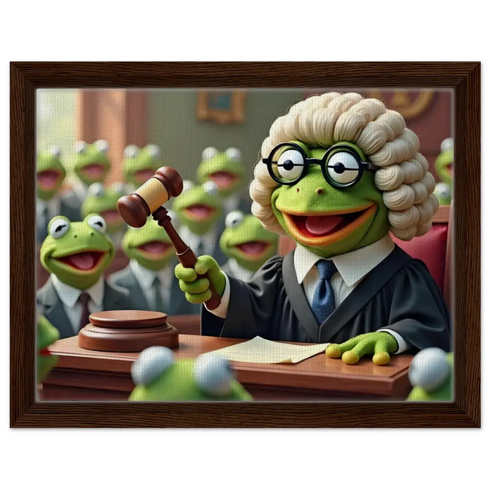 Framed Kermit the Frog judge art displayed on wall for PixiOnyx Witty Wall Feature