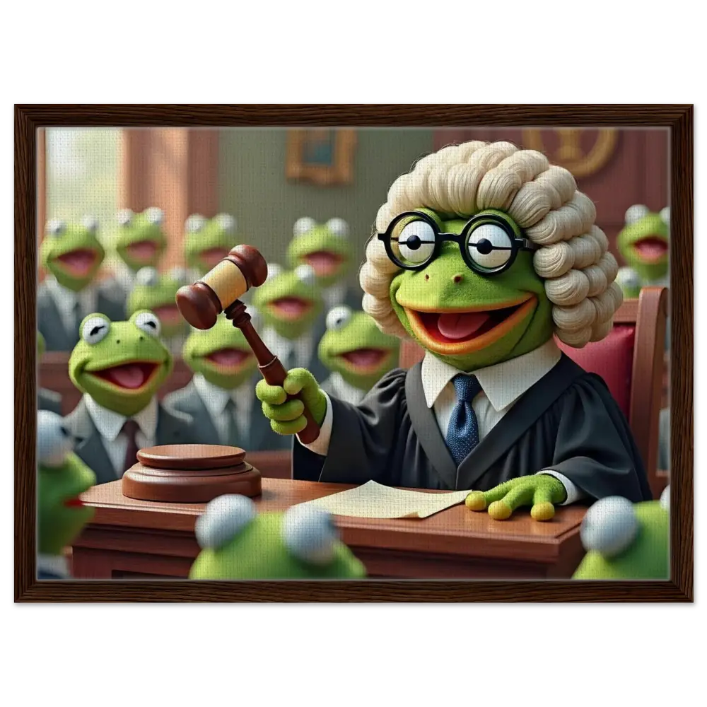 Kermit the Frog judging in a courtroom setting on Framed Frog Court Canvas Wall Art