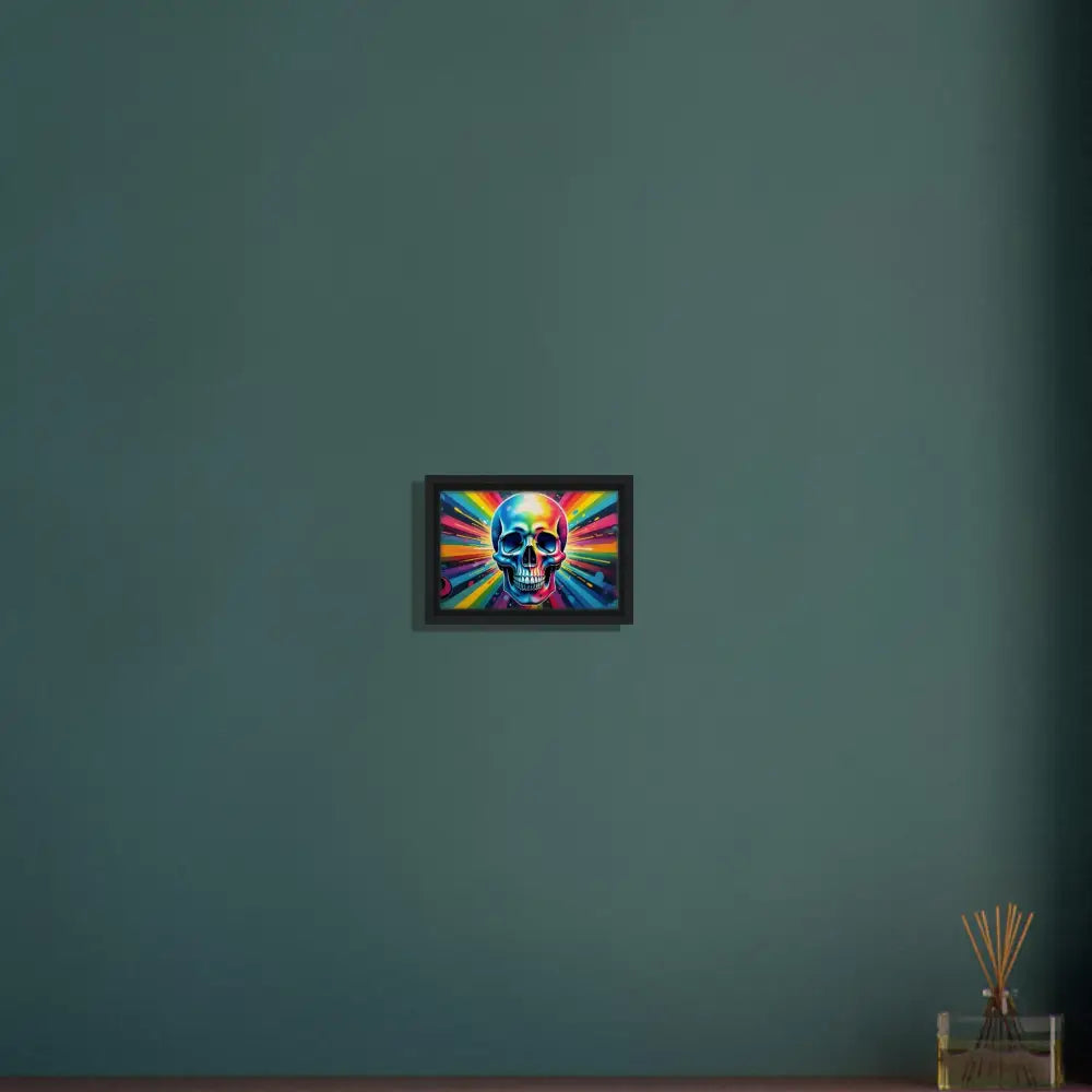 Framed rainbow skull graffiti canvas art displayed in PixiOnyx Street Luxe collection