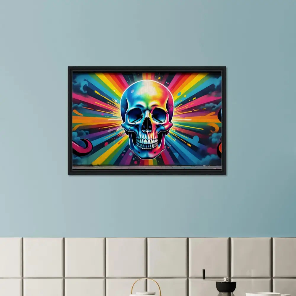 Framed rainbow skull graffiti art canvas print for modern psychedelic gallery decor