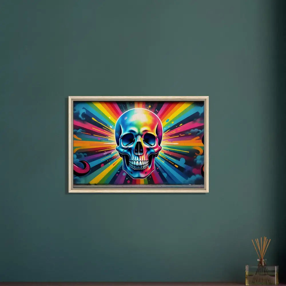 Framed rainbow skull graffiti art on Psychedelic Skull Canvas from PixiOnyx Street Luxe