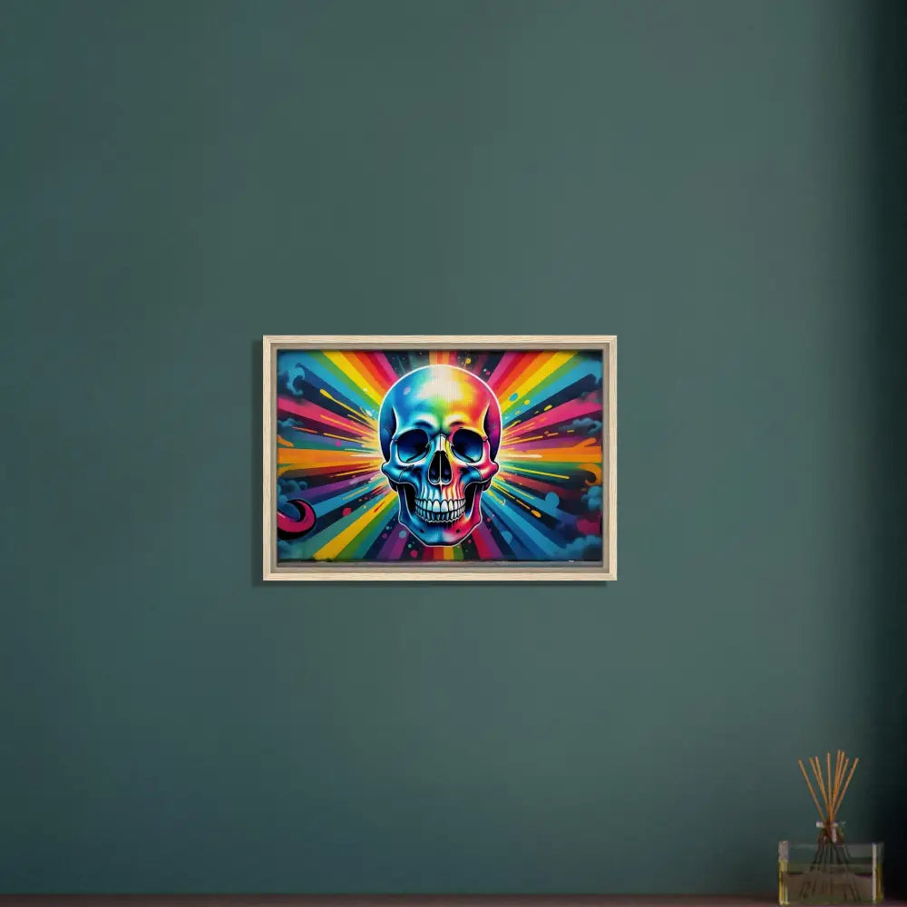 Framed rainbow skull graffiti art on Psychedelic Skull Canvas by PixiOnyx Street Luxe