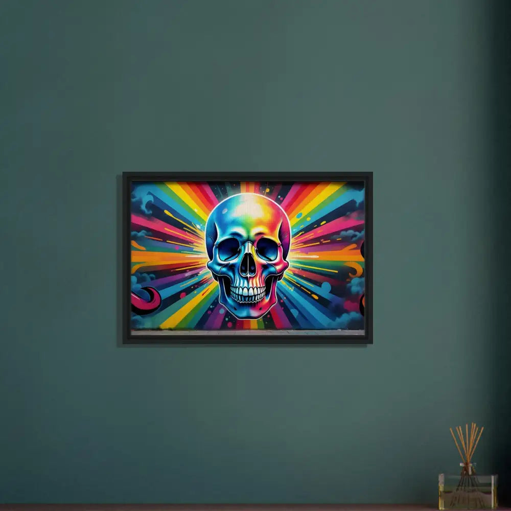 Framed rainbow skull graffiti art canvas with vibrant psychedelic skull design by PixiOnyx Street Luxe