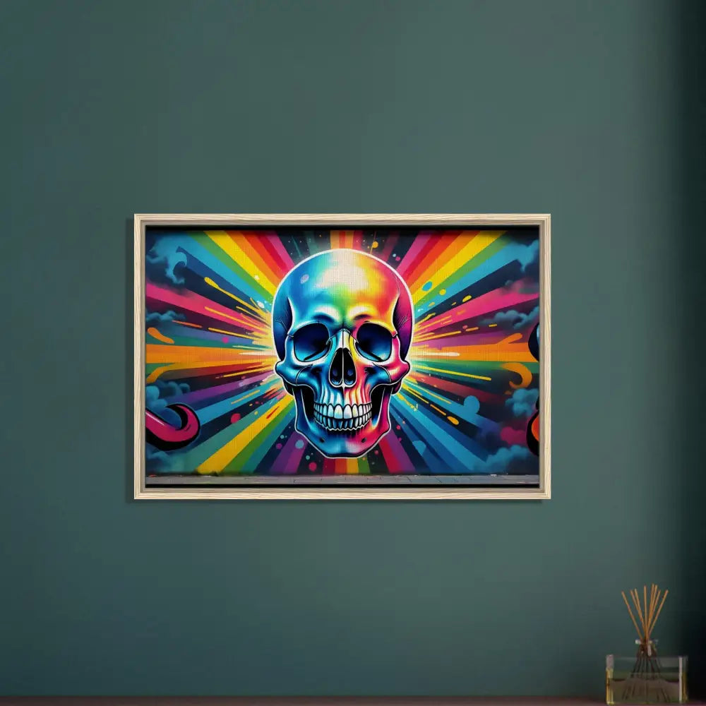 Framed rainbow skull graffiti artwork on Psychedelic Skull Canvas by PixiOnyx Street Luxe
