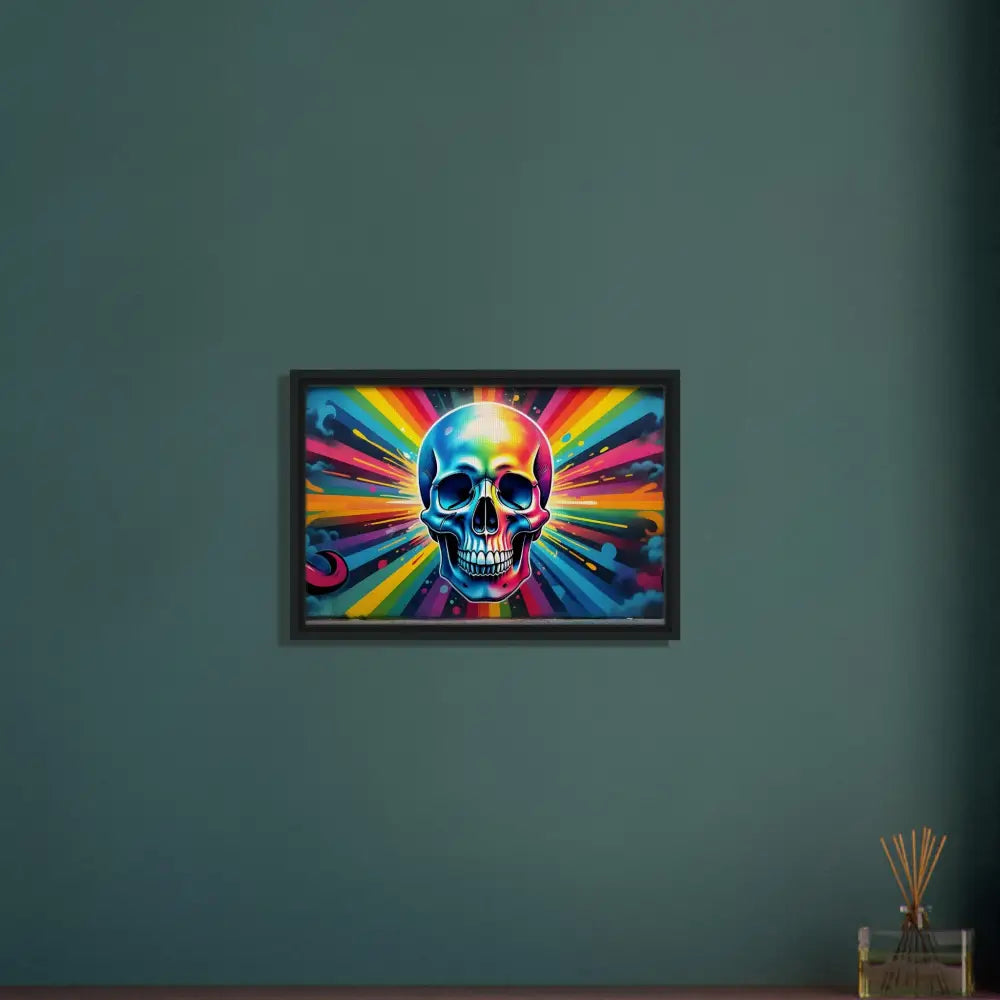 Framed rainbow skull art displayed on the Framed Graffiti Skullburst Canvas by PixiOnyx Street Luxe