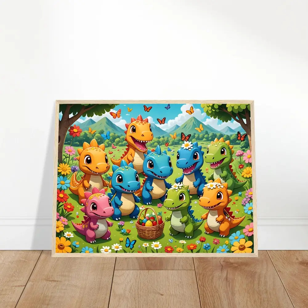 Framed Kawaii Dinos Art Jurassic Joy Bloom cartoon dinosaur print for kids’ room decor