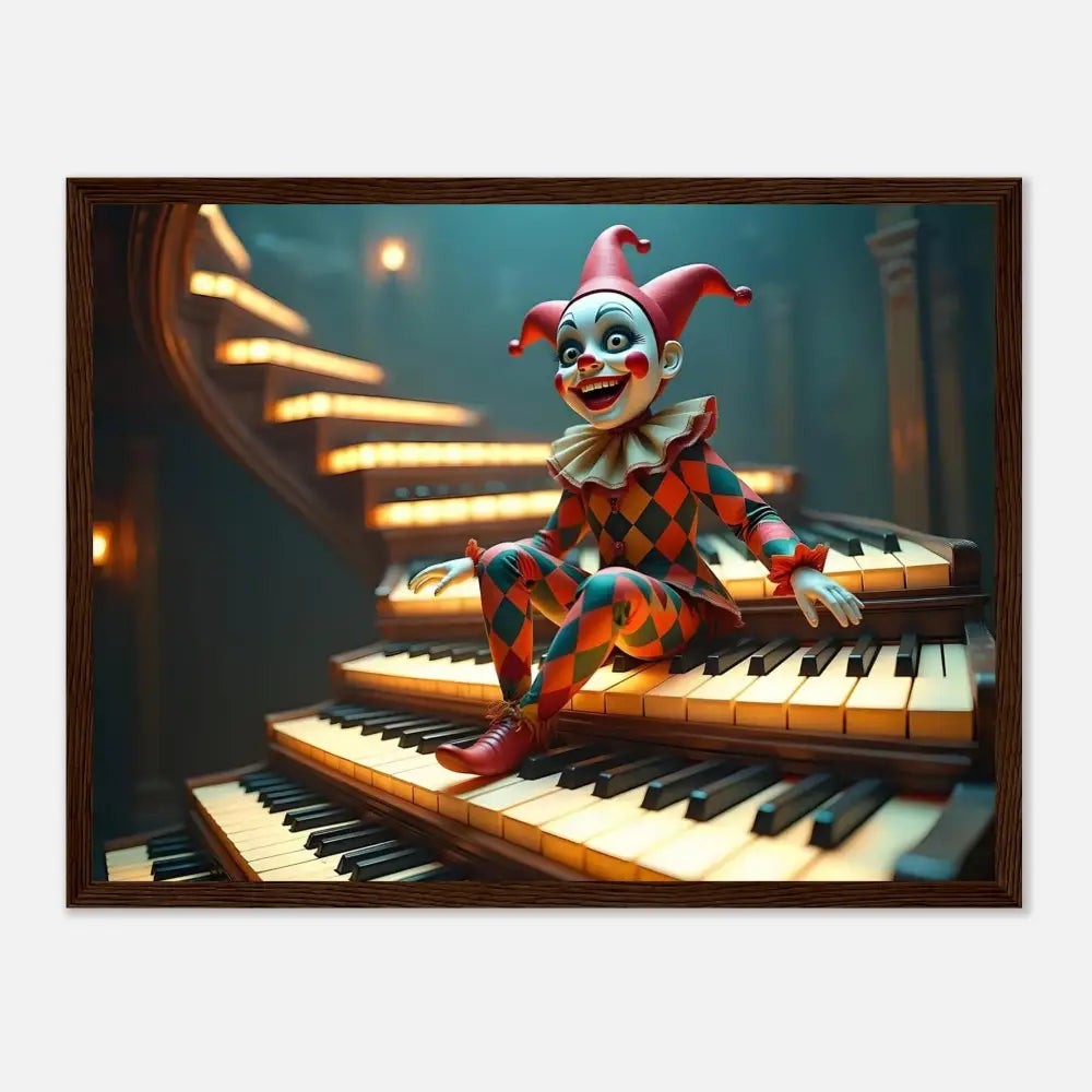 Framed clown puppet sitting on piano keys in PixiOnyx Matte Print Marionette Art