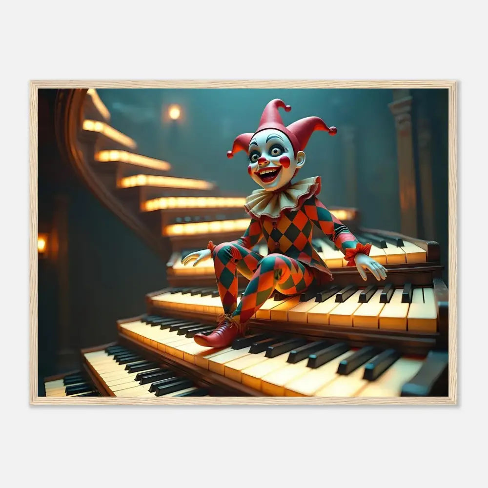 Harlequin doll sitting on piano keys in Framed Marionette Art PixiOnyx Matte Print